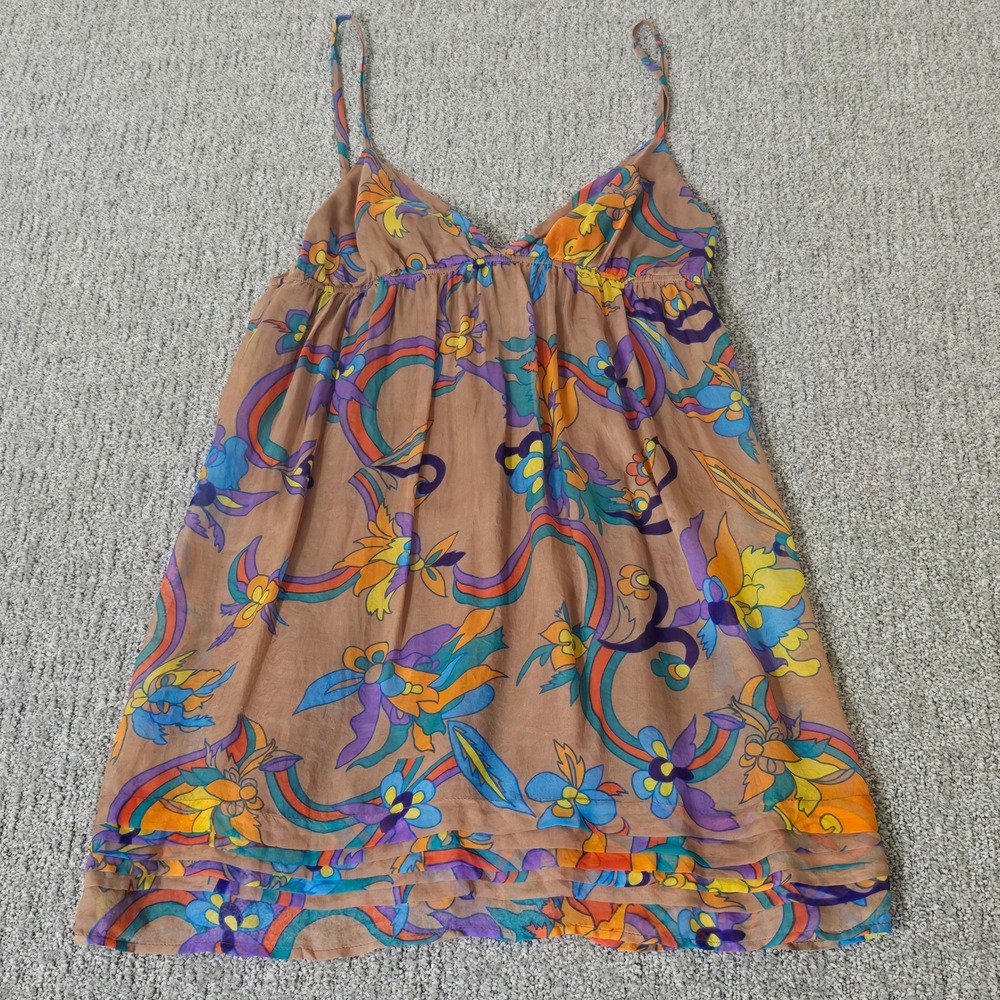 GLAM Womens S Brown Psychedelic Floral Mini Dress Y2K Fairy Grunge Boho